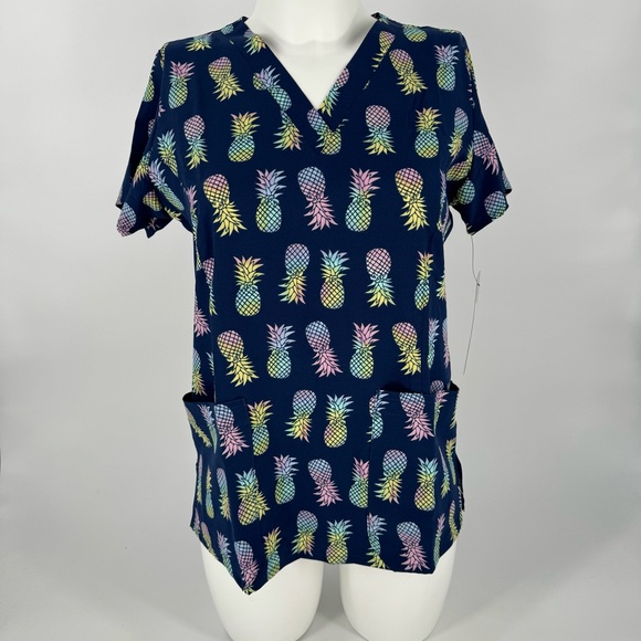 NWT Maevn navy multi color pineapple print scrub top - Picture 11 of 11